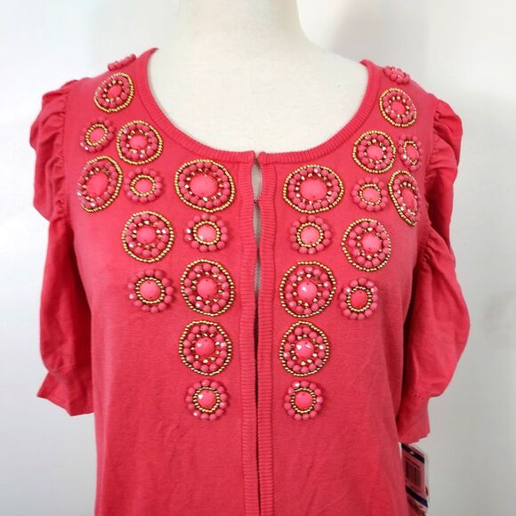 INC International Concepts Womens Shrug Cardigan Size XL Beaded Coral Ruched NWT - Picture 3 of 12